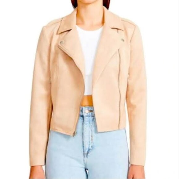 BB Dakota Steve Madden Faux Suede Moto Biker Jacket Tan Cropped Zip S - Picture 2 of 12
